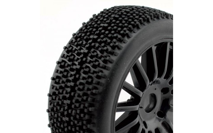ROCKET 1 / 8 Pre glued BUGGY Tyres on black spokes wheels