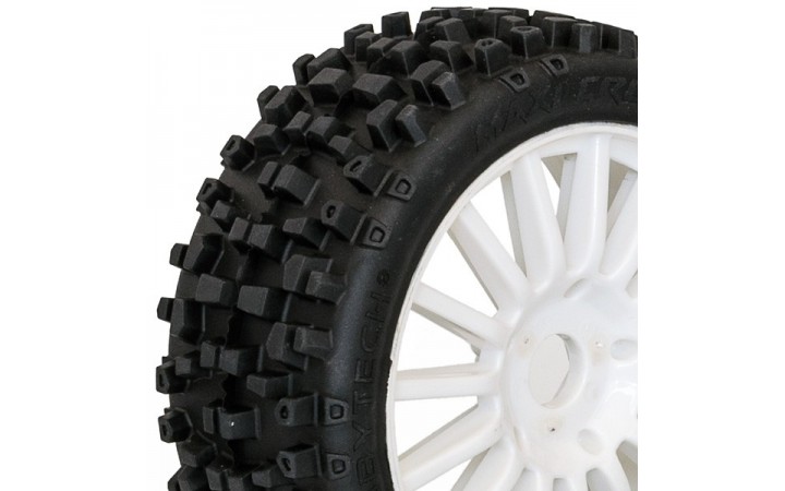 MAXI CROSS 1/8 Pre glued BUGGY Tyres on white spokes wheels