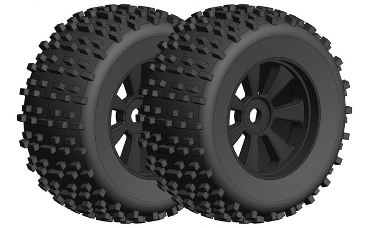 Off-Road 1/8 Monster Truck Tires - Gripper - Glued on Black Rims - 1 pair