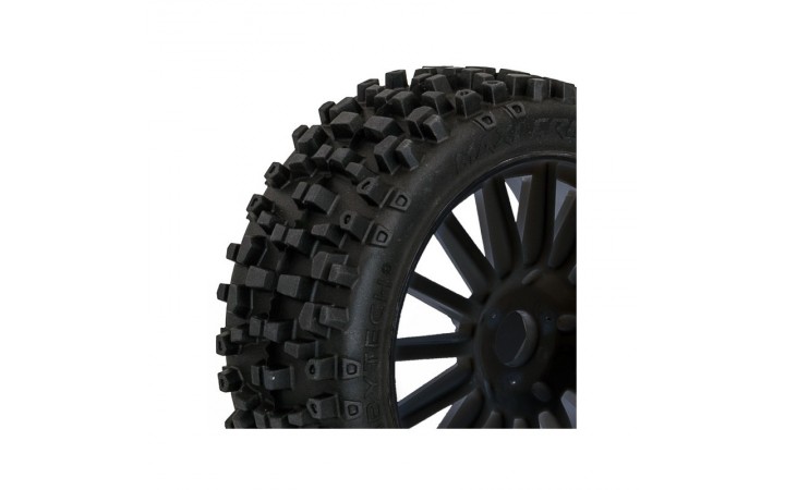 MAXI CROSS 1/8 Pre glued BUGGY Tyres on black spokes wheels