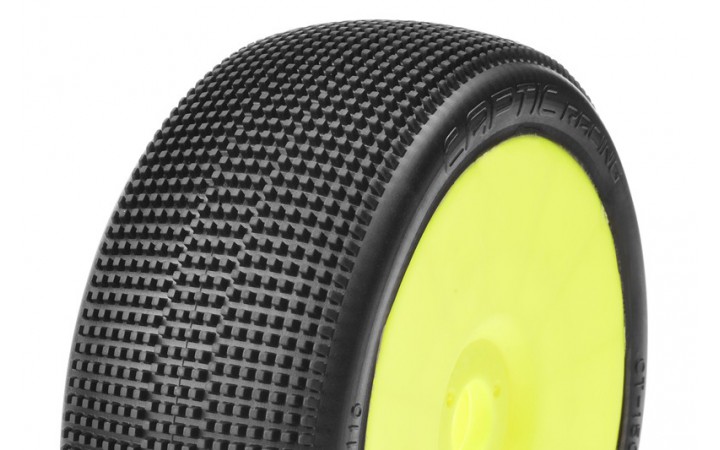 TRACER - 1/8 Buggy Tires Mounted - CR-1 (Medium) Racing Compound - Yellow Rims - 1 Pair
