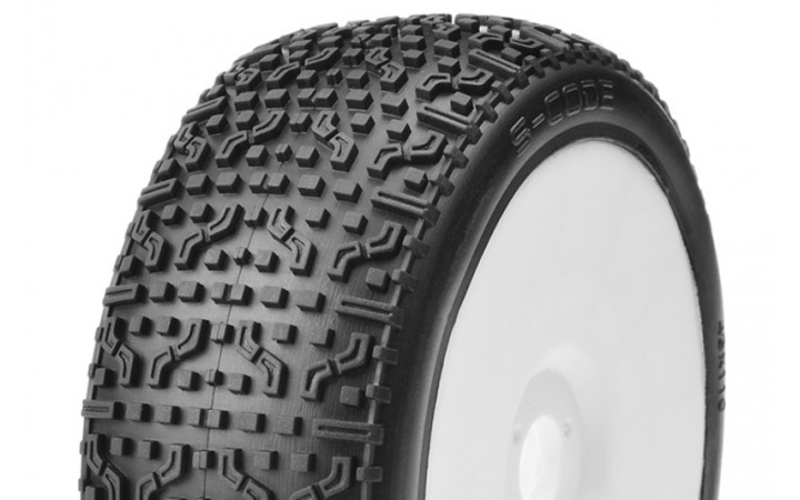 S-CODE - 1/8 Buggy Tires Mounted - CR-1 (Medium) Racing Compound - White Rims - 1 Pair