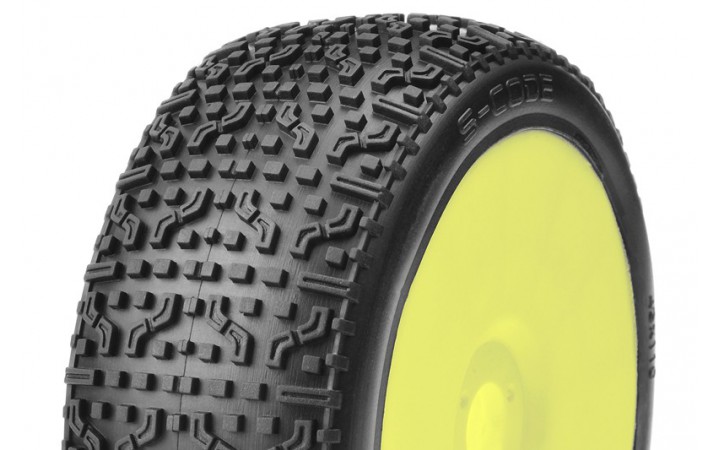 S-CODE - 1/8 Buggy Tires Mounted - CR-1 (Medium) Racing Compound - Yellow Rims - 1 Pair